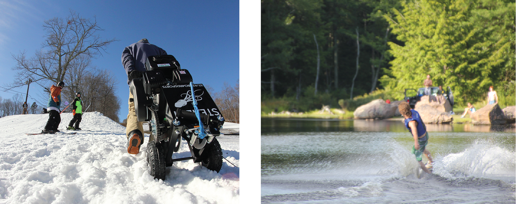 A photograph shows a person climbing a snow-covered hill carrying a winch on wheels. A photograph shows a person ski-boarding on a lake.