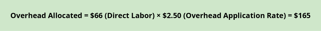 Formula: Overhead Allowed equals $66 (Direct Labor) times $2.50 (overhead application rate) equals $165