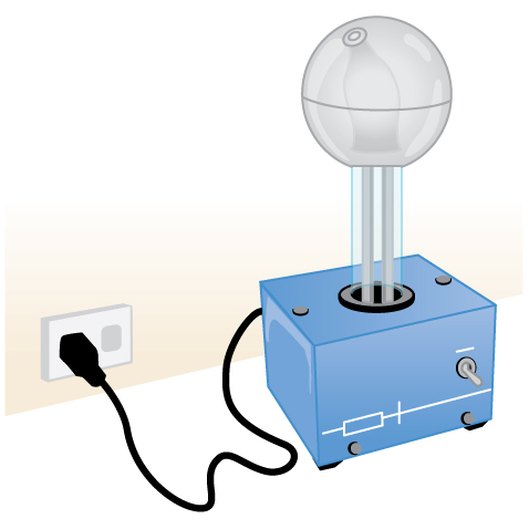 The image shows a table-top-sized electrical machine. It has a cubic base out of which comes a clear vertical tube about half-a-meter long. Inside the tube a conveyer belt is seen running up and down the tube. On top of the tube is a metallic sphere maybe thirty centimeters in diameter.