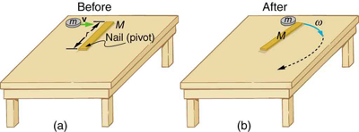 Figure a shows a disc m sliding toward a motionless stick M of length r pivoted about a nail, on a frictionless surface. In figure b, a disk hits the stick at one end and adheres to it, and the stick rotates, pivoting around the nail in a direction shown by the arrow in the clockwise direction and angular velocity omega.